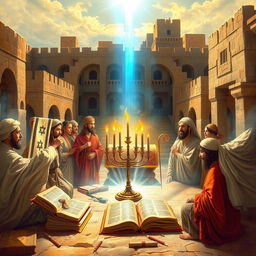A vivid depiction of the historical and cultural significance of Bani Israel, featuring elements like ancient Hebrew manuscripts, traditional clothing of the era, and a backdrop of historical architecture reflecting ancient Israelite society