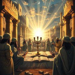 A vivid depiction of the historical and cultural significance of Bani Israel, featuring elements like ancient Hebrew manuscripts, traditional clothing of the era, and a backdrop of historical architecture reflecting ancient Israelite society