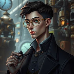 A realistic human portrayal of Viktor from Arcane, a tall and slender man with sharp features