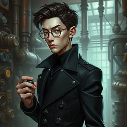A realistic human portrayal of Viktor from Arcane, a tall and slender man with sharp features