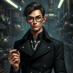 A realistic human portrayal of Viktor from Arcane, a tall and slender man with sharp features
