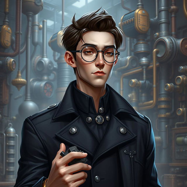 A realistic human portrayal of Viktor from Arcane, a tall and slender man with sharp features