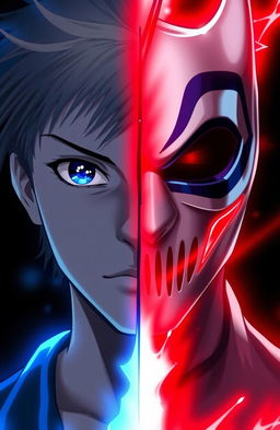 A dramatic split portrait featuring two contrasting characters