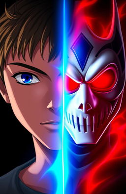 A dramatic split portrait featuring two contrasting characters