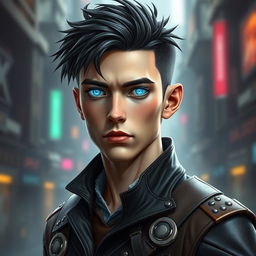 A hyper realistic portrait of Viktor from Arcane as a real human, showcasing his unique features: a tall, slender build with sharp cheekbones and a youthful appearance