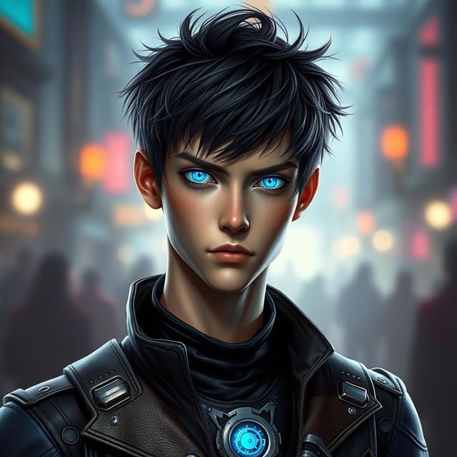 A hyper realistic portrait of Viktor from Arcane as a real human, showcasing his unique features: a tall, slender build with sharp cheekbones and a youthful appearance