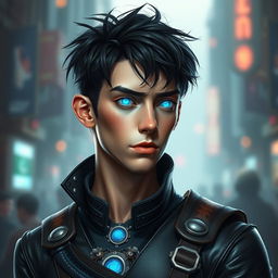 A hyper realistic portrait of Viktor from Arcane as a real human, showcasing his unique features: a tall, slender build with sharp cheekbones and a youthful appearance