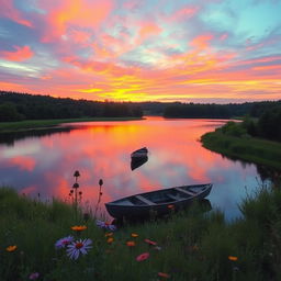 A serene landscape featuring a vibrant sunset over a tranquil lake surrounded by lush greenery