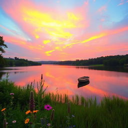 A serene landscape featuring a vibrant sunset over a tranquil lake surrounded by lush greenery
