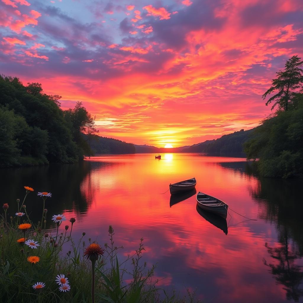 A serene landscape featuring a vibrant sunset over a tranquil lake surrounded by lush greenery