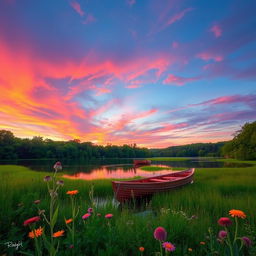 A serene landscape featuring a vibrant sunset over a tranquil lake surrounded by lush greenery