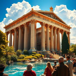 A majestic and detailed depiction of the Temple of Solomon, surrounded by lush greenery and sparkling waters, showcasing its grand architecture with towering columns, intricate carvings, and golden accents