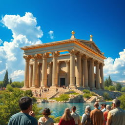 A majestic and detailed depiction of the Temple of Solomon, surrounded by lush greenery and sparkling waters, showcasing its grand architecture with towering columns, intricate carvings, and golden accents