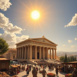 A majestic depiction of Solomon's Temple set in ancient Jerusalem, showcasing its grand architecture with towering columns, intricate carvings, and a shining golden facade