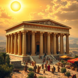 A majestic depiction of Solomon's Temple set in ancient Jerusalem, showcasing its grand architecture with towering columns, intricate carvings, and a shining golden facade