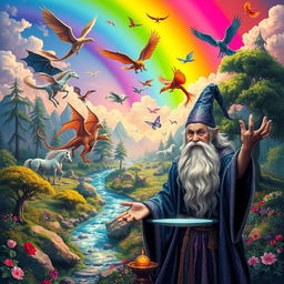 A vivid and fantastical landscape, showcasing a variety of mythical creatures such as dragons, unicorns, and phoenixes flying through a rainbow-colored sky