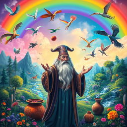 A vivid and fantastical landscape, showcasing a variety of mythical creatures such as dragons, unicorns, and phoenixes flying through a rainbow-colored sky