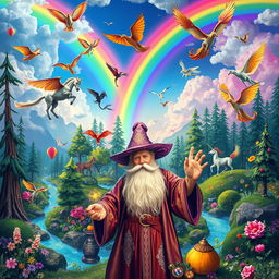 A vivid and fantastical landscape, showcasing a variety of mythical creatures such as dragons, unicorns, and phoenixes flying through a rainbow-colored sky