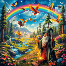 A vivid and fantastical landscape, showcasing a variety of mythical creatures such as dragons, unicorns, and phoenixes flying through a rainbow-colored sky