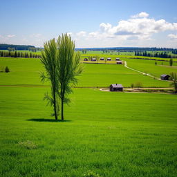 A serene landscape featuring tall poplar trees standing in a lush green field, with a backdrop of flat, modest houses spread across the horizon