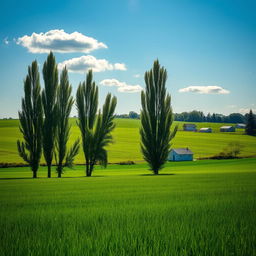 A serene landscape featuring tall poplar trees standing in a lush green field, with a backdrop of flat, modest houses spread across the horizon