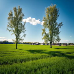 A serene landscape featuring tall poplar trees standing in a lush green field, with a backdrop of flat, modest houses spread across the horizon