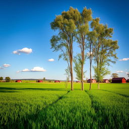 A serene landscape featuring tall poplar trees standing in a lush green field, with a backdrop of flat, modest houses spread across the horizon