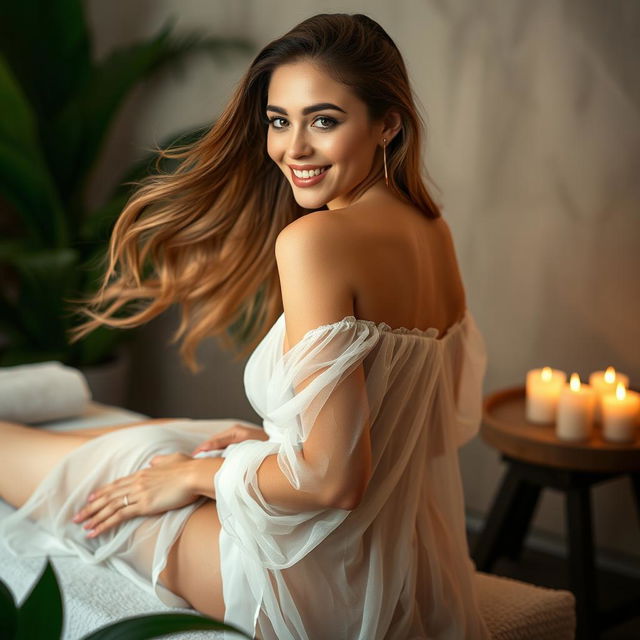 An erotic massage girl wearing a flowing white transparent dress that delicately drapes over her figure, creating an alluring and ethereal look