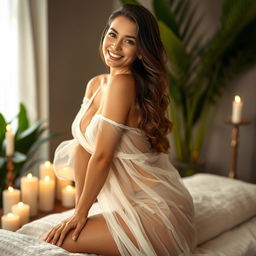 An erotic massage girl wearing a flowing white transparent dress that delicately drapes over her figure, creating an alluring and ethereal look