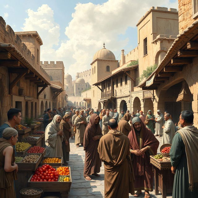 A historical scene depicting the complexity of ancient cultures, with a focus on the lives of Jewish communities in a diverse and bustling marketplace of the Middle Ages