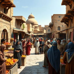 A historical scene depicting the complexity of ancient cultures, with a focus on the lives of Jewish communities in a diverse and bustling marketplace of the Middle Ages