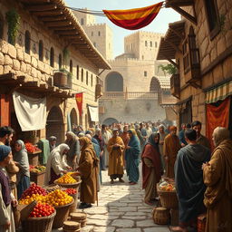A historical scene depicting the complexity of ancient cultures, with a focus on the lives of Jewish communities in a diverse and bustling marketplace of the Middle Ages