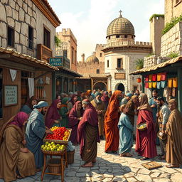 A historical scene depicting the complexity of ancient cultures, with a focus on the lives of Jewish communities in a diverse and bustling marketplace of the Middle Ages