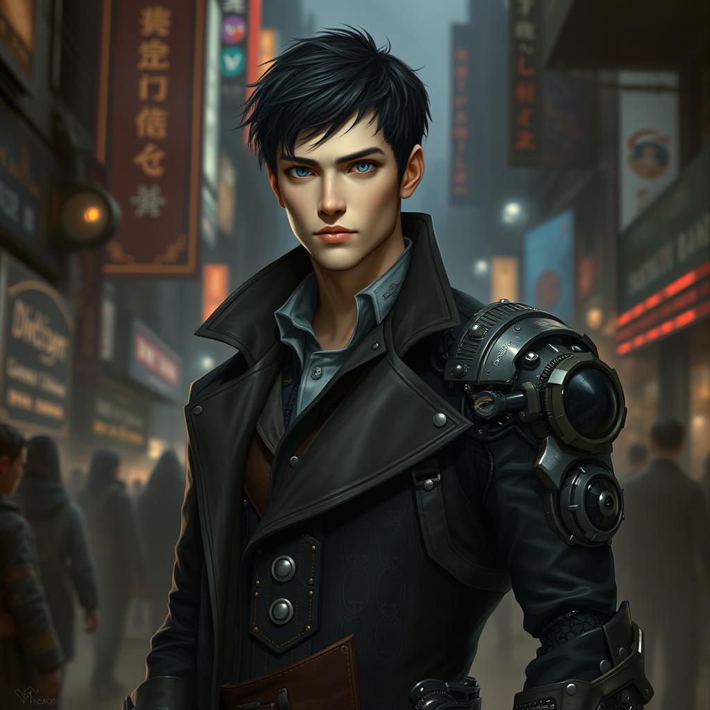 A realistic interpretation of Viktor from the Arcane series, featuring a tall and slender man with pale skin and short, tousled dark hair