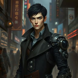 A realistic interpretation of Viktor from the Arcane series, featuring a tall and slender man with pale skin and short, tousled dark hair