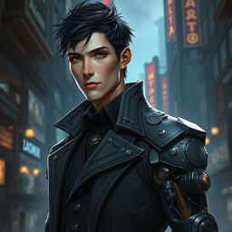 A realistic interpretation of Viktor from the Arcane series, featuring a tall and slender man with pale skin and short, tousled dark hair