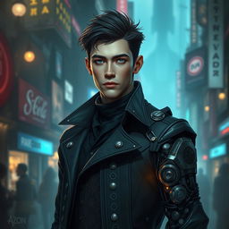 A realistic interpretation of Viktor from the Arcane series, featuring a tall and slender man with pale skin and short, tousled dark hair