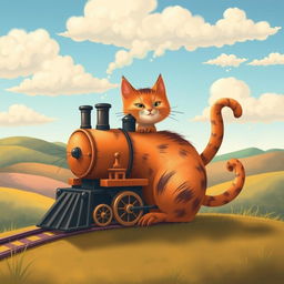 A whimsical illustration of a cat creatively designed in the shape of a train