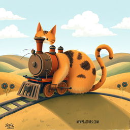 A whimsical illustration of a cat creatively designed in the shape of a train