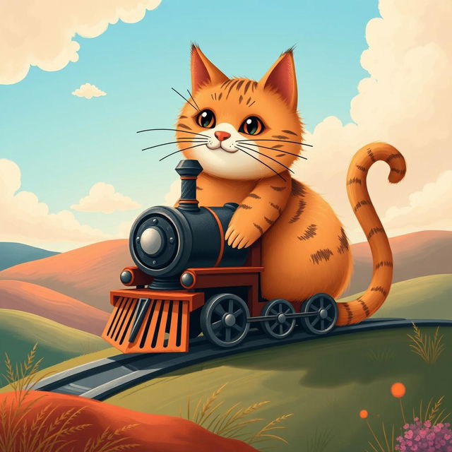 A whimsical illustration of a cat creatively designed in the shape of a train