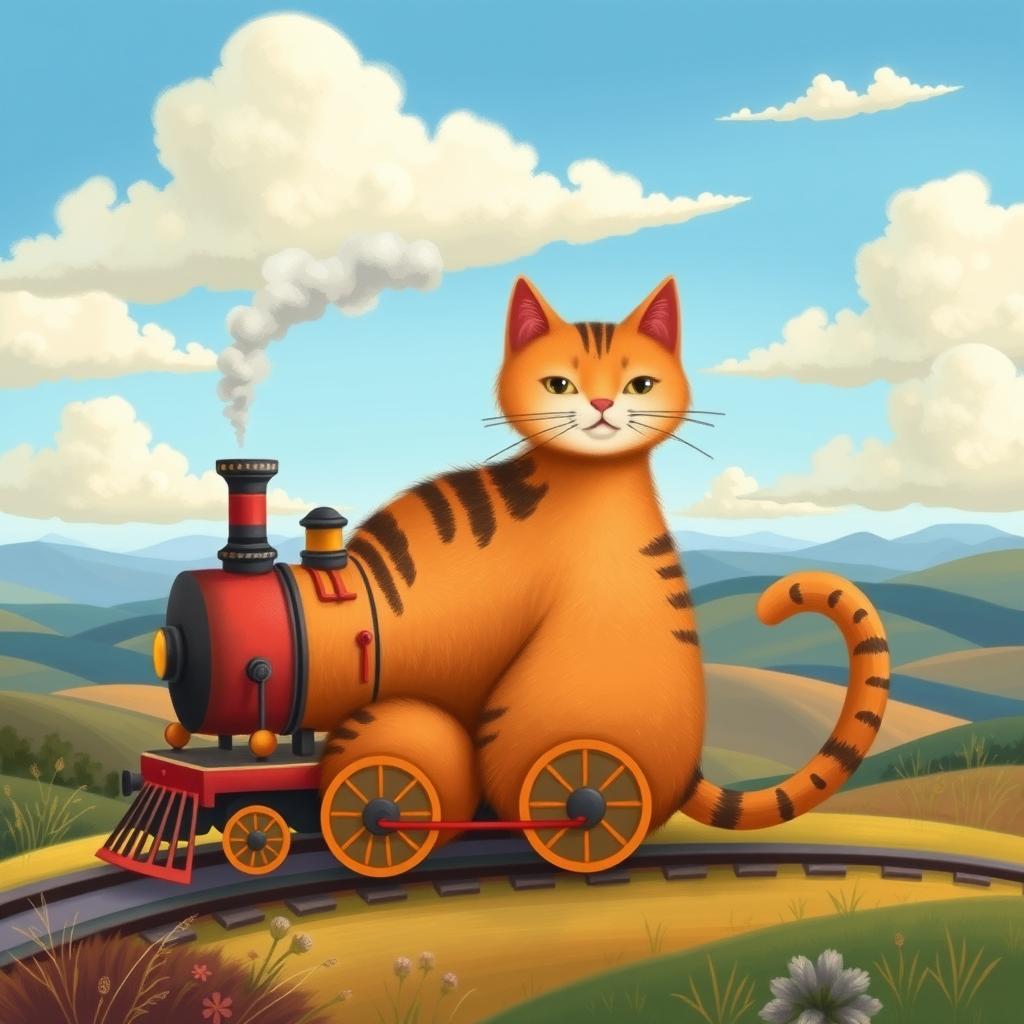 A whimsical illustration of a cat creatively designed in the shape of a train