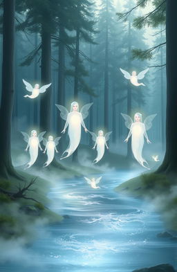 A mystical scene depicting human spirits visiting a serene landscape, ethereal and translucent in form, softly glowing with a gentle light