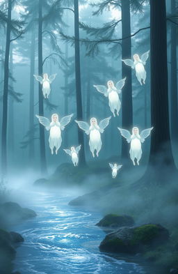 A mystical scene depicting human spirits visiting a serene landscape, ethereal and translucent in form, softly glowing with a gentle light
