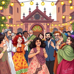 A vibrant, detailed illustration of a traditional Jewish community celebration, showcasing diverse members in vibrant clothing, dancing joyfully under string lights