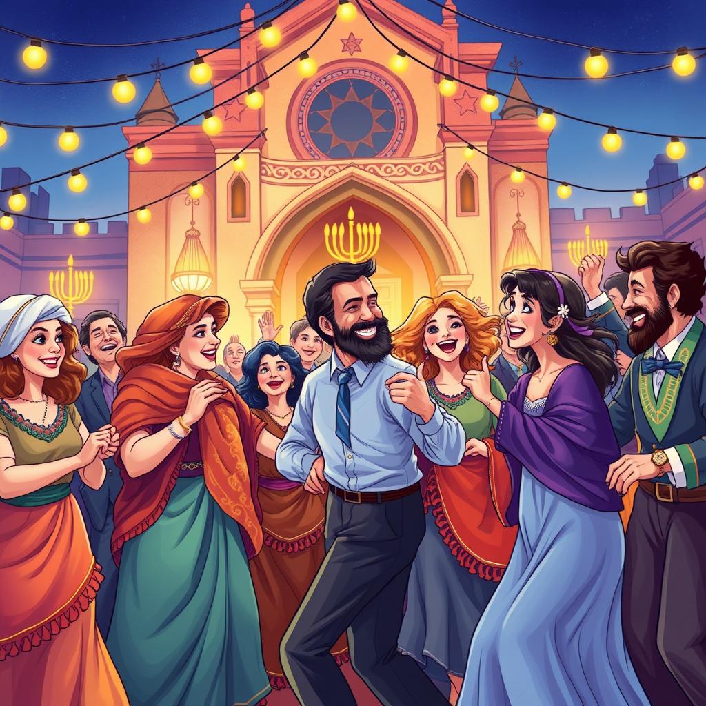 A vibrant, detailed illustration of a traditional Jewish community celebration, showcasing diverse members in vibrant clothing, dancing joyfully under string lights