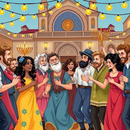 A vibrant, detailed illustration of a traditional Jewish community celebration, showcasing diverse members in vibrant clothing, dancing joyfully under string lights