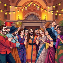 A vibrant, detailed illustration of a traditional Jewish community celebration, showcasing diverse members in vibrant clothing, dancing joyfully under string lights