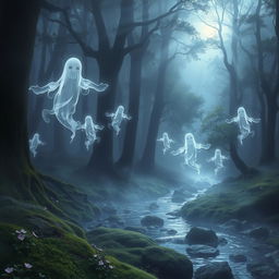 A mystical scene depicting ethereal ghost spirits floating through an ancient, foggy forest