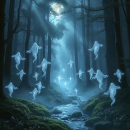 A mystical scene depicting ethereal ghost spirits floating through an ancient, foggy forest