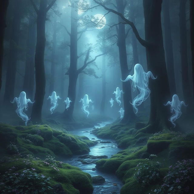 A mystical scene depicting ethereal ghost spirits floating through an ancient, foggy forest